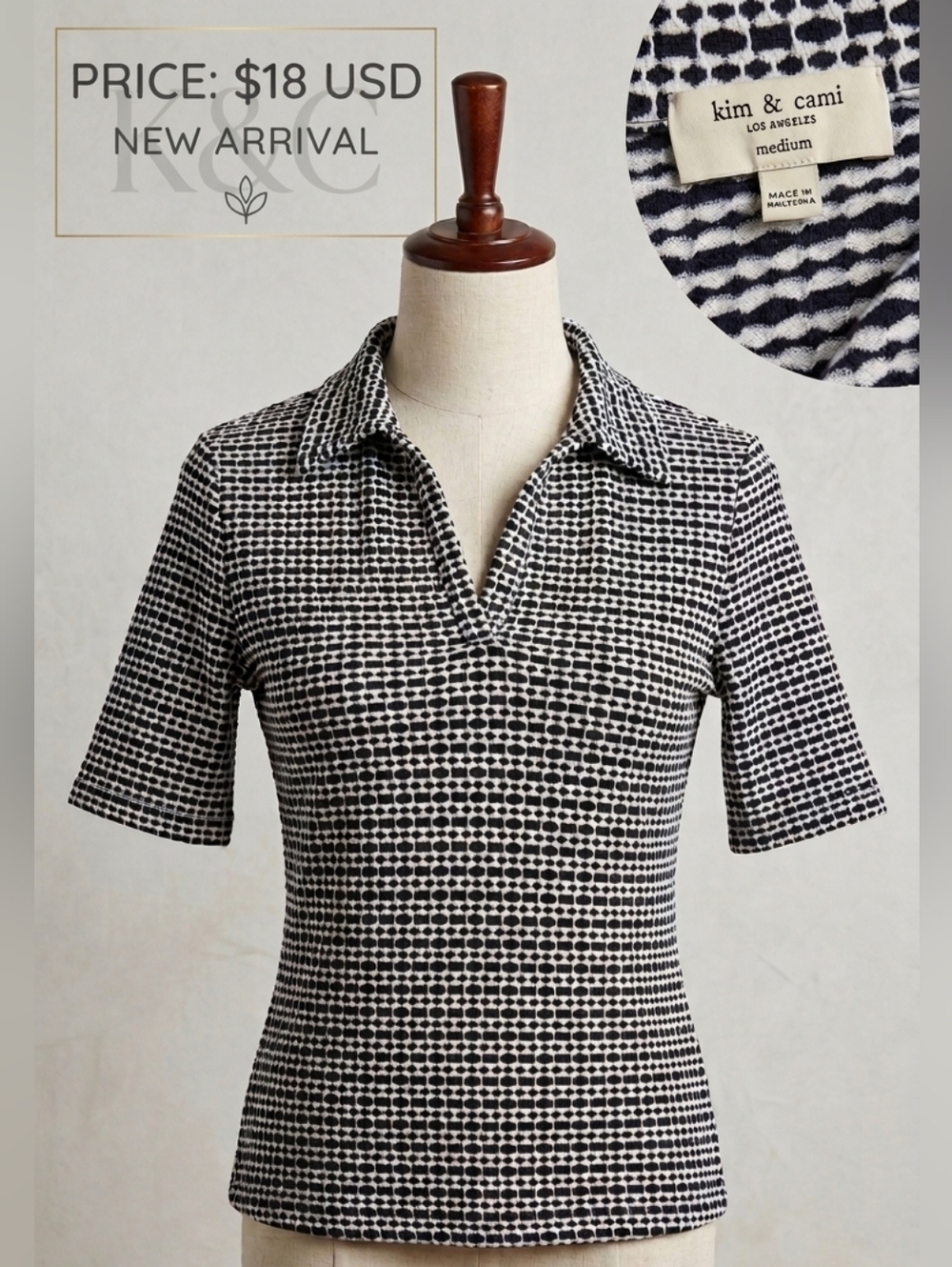 Kim & Cami Black White Textured Polo Top Size M